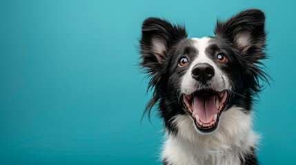 Fototapeta premium Cute joyful Border Collie. Australian shepherd. Isolated against a vibrant blue background. Pet. Dog. Canine.