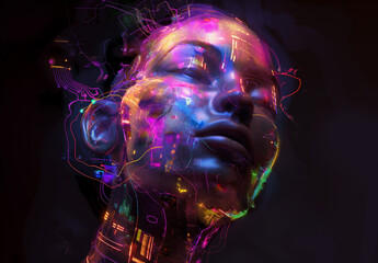 A woman's face is shown in a colorful, glowing light