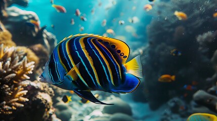 A colorful fish with black, yellow, and blue stripes swims by a coral reef.