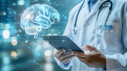 Doctors discuss MRI results on digital screen in hospital.