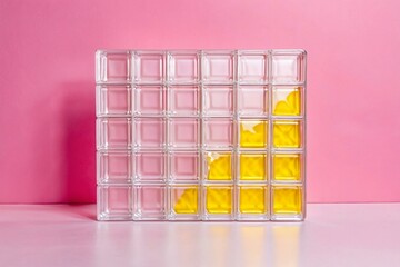 A wall of glass blocks with a yellow light shining through.