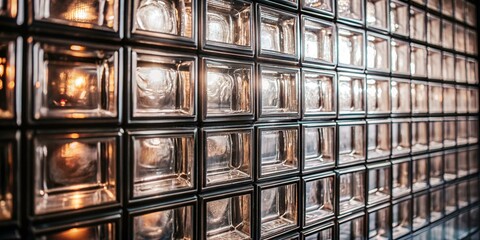 A wall of glass blocks with a yellow light shining through.