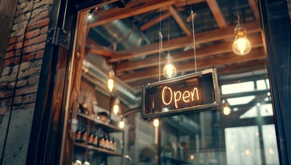 Obraz premium A close-up shot of an Open sign hanging in the doorway of a brick building. The sign is lit with warm, inviting lights, creating a welcoming atmosphere