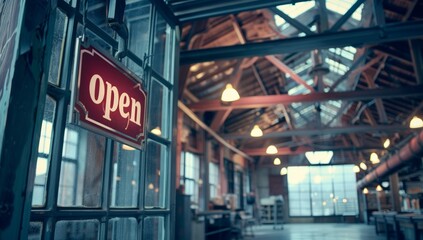 Obraz premium A red open sign hangs on a glass door leading into an industrial building with exposed beams and overhead lighting