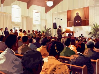 Obraz premium Juneteenth Church Service: Diverse Congregation Celebrating Together in Sunlit Sanctuary