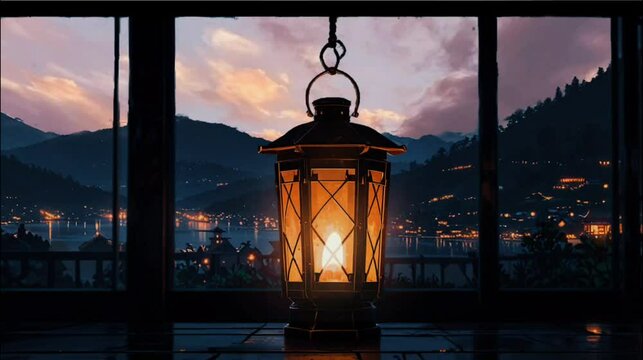 A rustic lantern glowing in a medieval room, the night sky and distant mountains visible through the window.