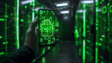 A person holding a smartphone displaying a glowing green padlock