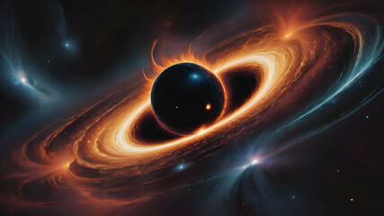 An illustration of a black hole, with swirling accretion disk and light bending around the event horizon. The design is dark and dramatic, emphasizing the immense gravitational pull