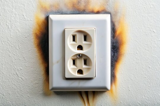 electric socket with black scorch burn mark. Short circuit fire accident