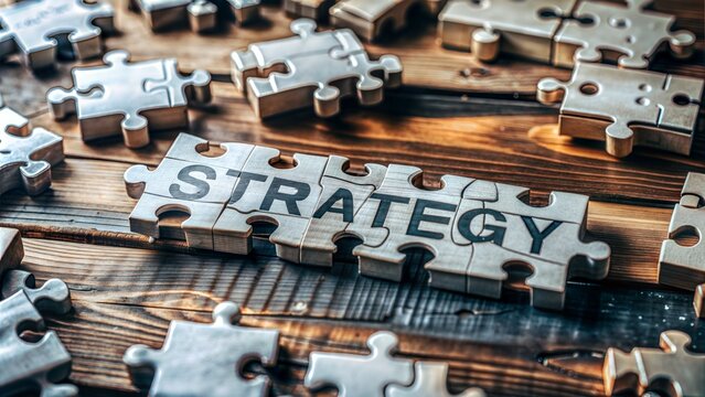 "Strategy Puzzle Solution: A puzzle coming together with the word 'strategy,' emphasizing the importance of strategic thinking in business."

