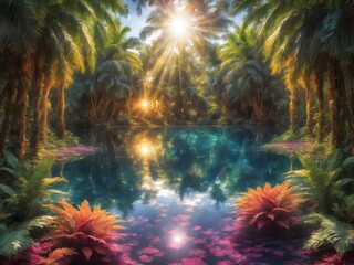 The sun shines through the mirror of a paradise oasis where the breathtaking scenery is unbelievably vibrant.  Flowers of all colors and sizes paradisiacal trees of all kinds surrounded by tropical 