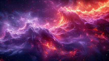 An abstract purple wave background with glowing particles and lines. Futuristic waves