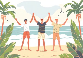 Happy international friendship day character design, Three Young Men Celebrating on Vacation at Sea Vector Illustration in Tropical Landscape