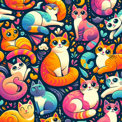 Naklejka premium Template featuring many cats in different poses and expressions, bright colors,
