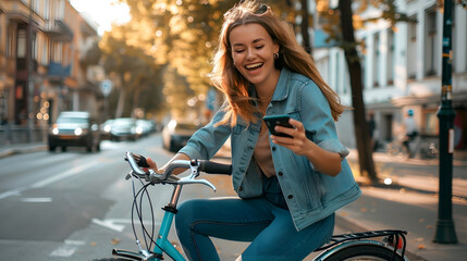 Bicycle woman and phone in city feeling excited and happy about message while outdoor in summer with trendy look Eco friendly transportation for carbon footprint female on a bike using : Generative AI