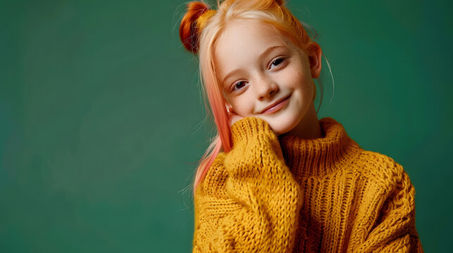 Full length of positive preadolescent girl with dyed hair looking at camera while posing in autumn outfit and knitted sweater on green background modern fall fashion for preteens conce : Generative AI