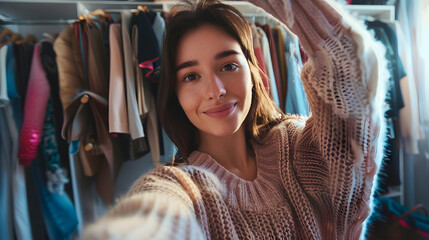 Fototapeta premium Beautiful woman taking selfie with sweater in closet : Generative AI