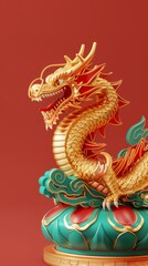 3D Dragon Illustration for Chinese New Year 2024. Golden Dragon on Red Background Celebrating Lunar New Year. Festive Banner for Chinese Holiday, Symbol of Wealth, Luck, and Prosperity. AI-Generated H