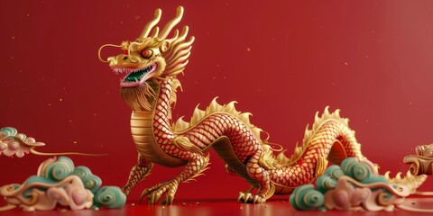 Obraz premium 3D Dragon Illustration for Chinese New Year 2024. Golden Dragon on Red Background Celebrating Lunar New Year. Festive Banner for Chinese Holiday, Symbol of Wealth, Luck, and Prosperity. AI-Generated H