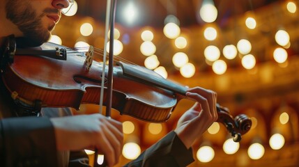 The close up picture of the caucasian professional violinist holding the violin and ready to perform the music melody inside the great orchestra hall that has been filled with the light bulb. 