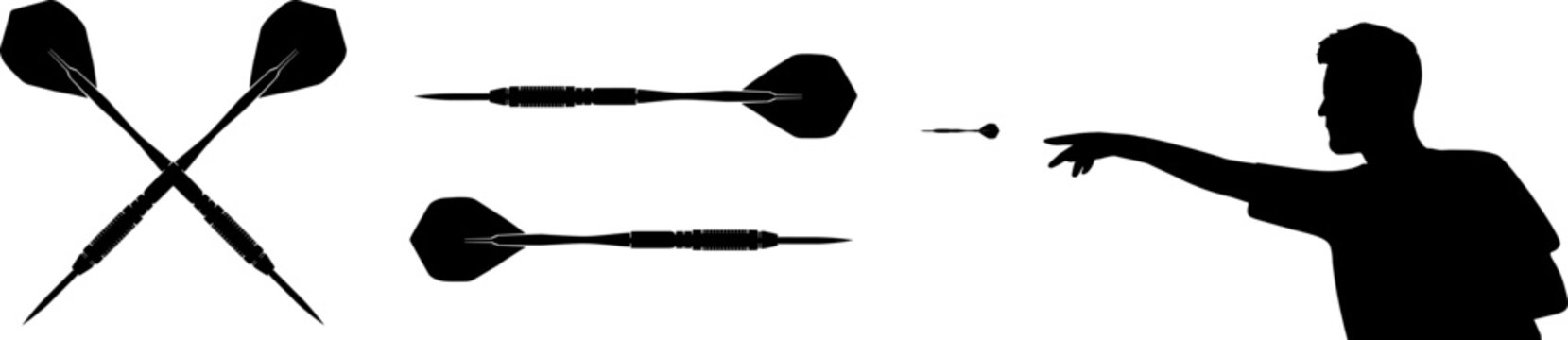 Vektor Silhouette Set Dart - Dartpfeil - Mann zielt und wirft Pfeil - gekreuzte Steeldarts Pfeile - Sport Grafik Design Elemente 