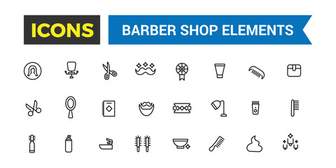 Barber shop icon set. Outline icons pack. Editable vector icon and illustration.