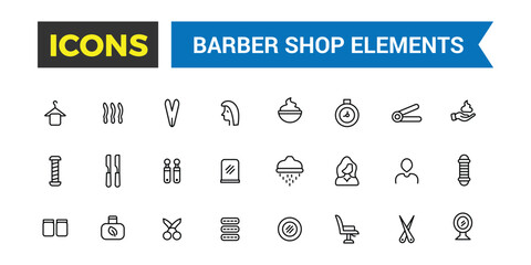 Barber shop icon set. Outline icons pack. Editable vector icon and illustration.