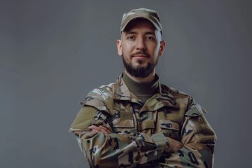 A bearded man in a military uniform and cap stands with his arms crossed against a gray backdrop. He is looking directly at the camera