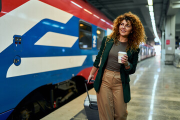 A Caucasian woman emerges from the subway, holding coffee and dragging a suitcase.