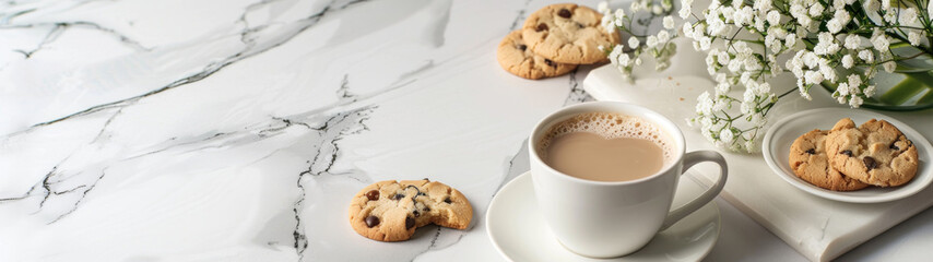Serene coffee break setup with cup, cookies on wooden table, high quality image