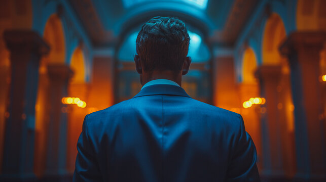 Fototapeta A man in a suit is standing in a large room with a blue background. He is looking at the camera with a serious expression. The room is dimly lit, and there are several lights in the background
