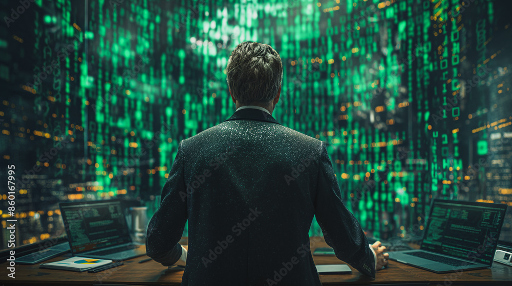 Poster a man in a suit is sitting at a desk in front of a computer monitor. the monitor is displaying a com
