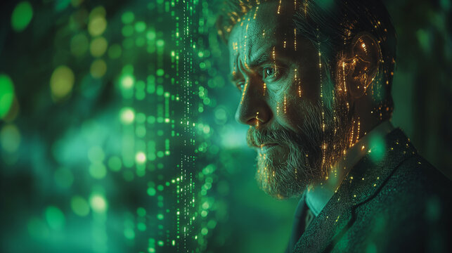 A man with a beard and glasses is staring at a green screen. The screen is filled with glowing lines and dots, creating a futuristic and otherworldly atmosphere - Powered by Adobe