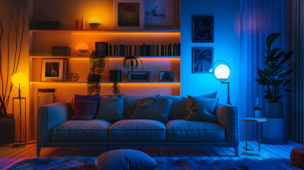 Interior of dark living room with couch shelving units and glowing lamps : Generative AI