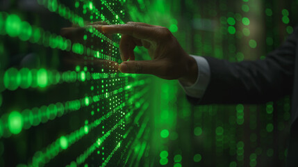 A man is pointing at a green screen with a lot of numbers and dots. Concept of technology and complexity, as the man's finger is hovering over the screen