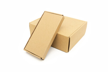 Two kraft paper courier package boxes isolated on white background