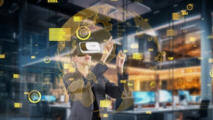 Woman selecting by point world data rotating graph analysis monitor by VR future global innovation interface digital infographic network technology virtual hologram animation at office. Contraption.