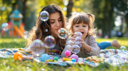 Mother and Daughter Enjoying Bubbles in the Park