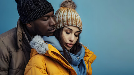 Fototapeta premium fashionably dressed interracial couple in warm clothes on blue plastic backdrop cozy winter charm : Generative AI