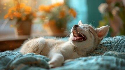 Joyful Husky puppy. Laying on couch.  Canine. Dog. Pet. Siberian Husky	 
