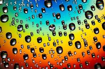 Abstract rainbow color background. Close up of droplets and water drops on the surface of CD