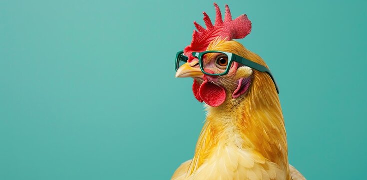 A Chicken Wearing Green Glasses Against a Turquoise Background
