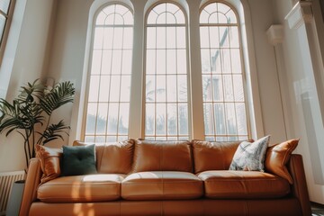 Fototapeta premium A brown leather sofa sits in front of three large windows, allowing natural light to fill the room