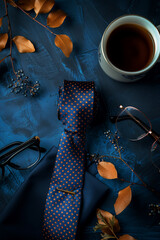 A blue and white striped gift box, glasses on the right side of coffee with a navy patterned tie placed next to it, and an eye-catching top view featuring dark-blue hues. men’s fashion, Father's Day.