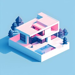 Minimal Isometric House in Pastel Geometric Abstract Landscape