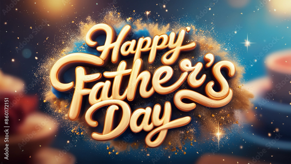 Fototapete A vibrant 'Happy Father's Day' animation text crafted with 3D digital calligraphy in a playful, handwritten style, adorned with a whimsical dust sprinkle particle effect that bursts forth in a joyful