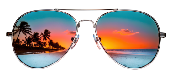 Stylish aviator sunglasses reflecting a tropical beach scene, cut out