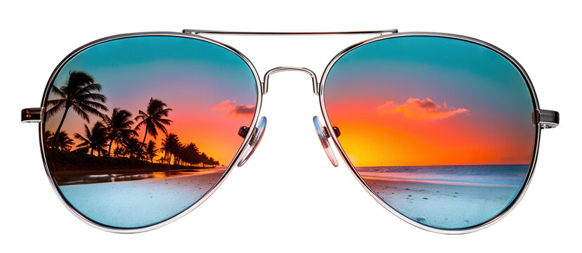 Stylish aviator sunglasses reflecting a tropical beach scene, cut out