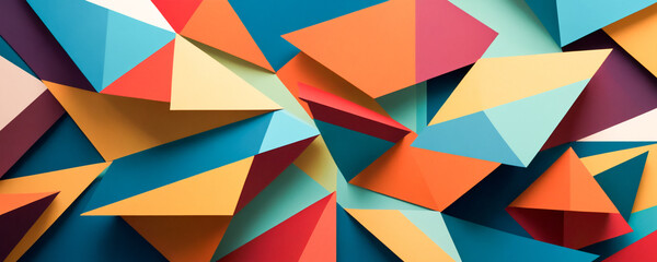 Fototapeta premium A close-up image of vibrant geometric shapes, with triangles and other forms layered on top of each other, creating a complex and dynamic pattern.