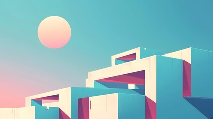 Fototapeta premium Minimalist Pastel Architectural Composition with Sunset Sky Backdrop